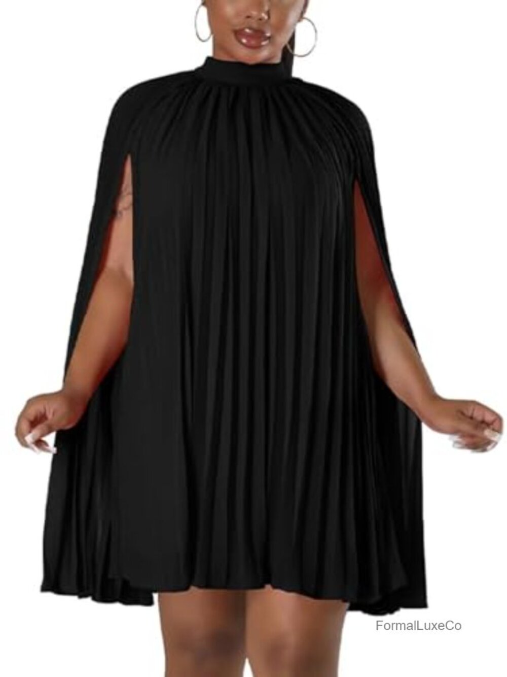 Women's Cape Dress Pleated Cocktail Party Mini Chiffon Long Sleeve